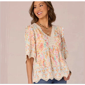 Democracy 1X Multi-color Floral Tunic with Crochet Trim